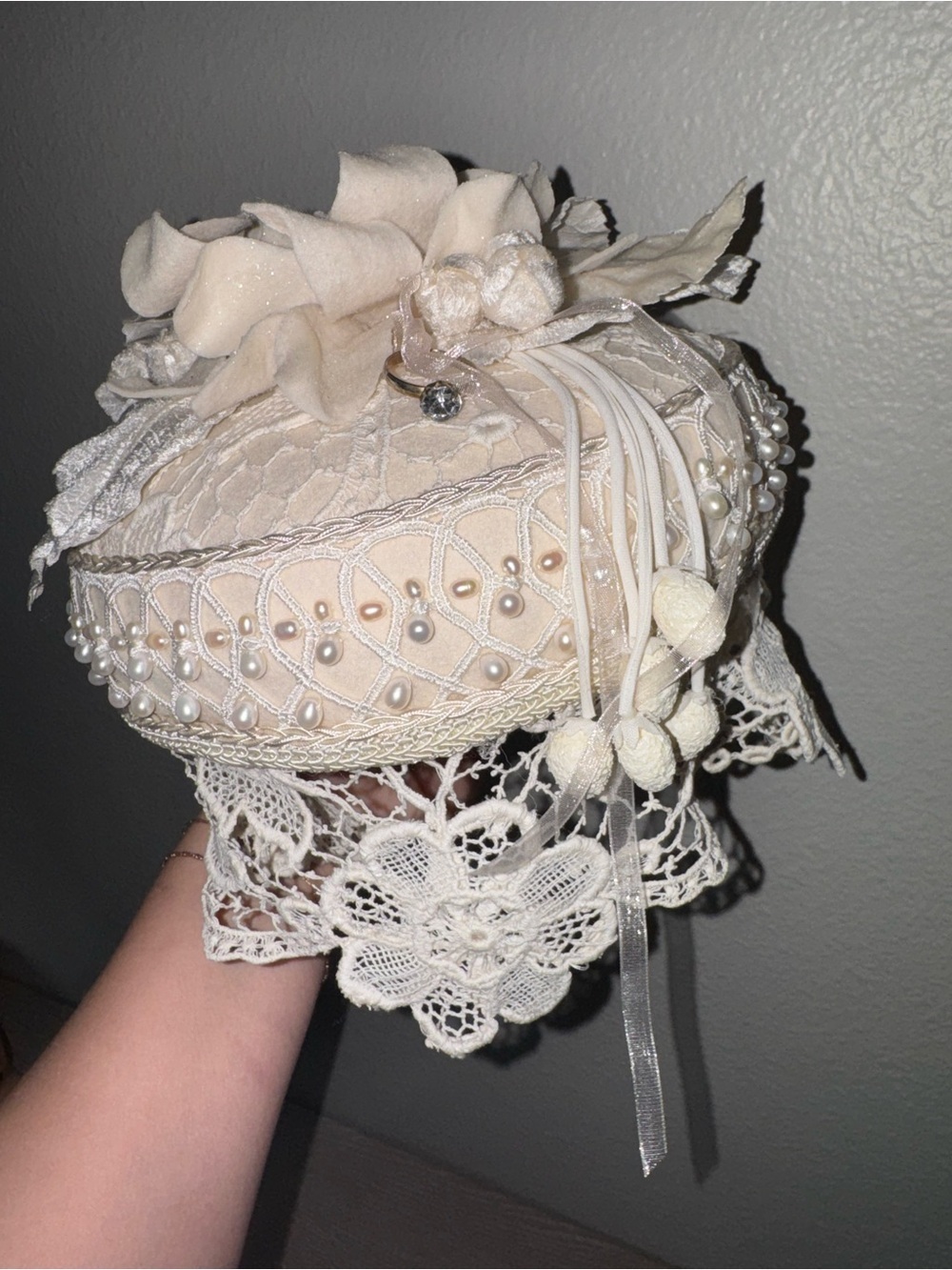Ivory Ring bearer beaded lace pillow.